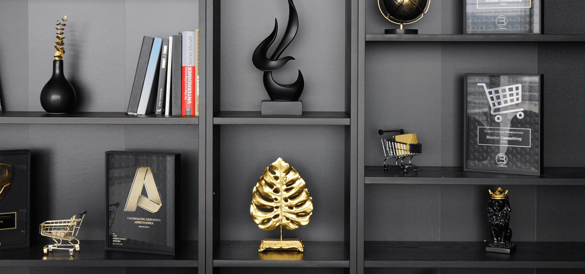 Regal mit Trophäen, Awards und Dekoobjekten im Büro, symbolisch für professionelle Google-Ads-Analyse, klare Strukturen und datenbasierte Performance-Strategien.