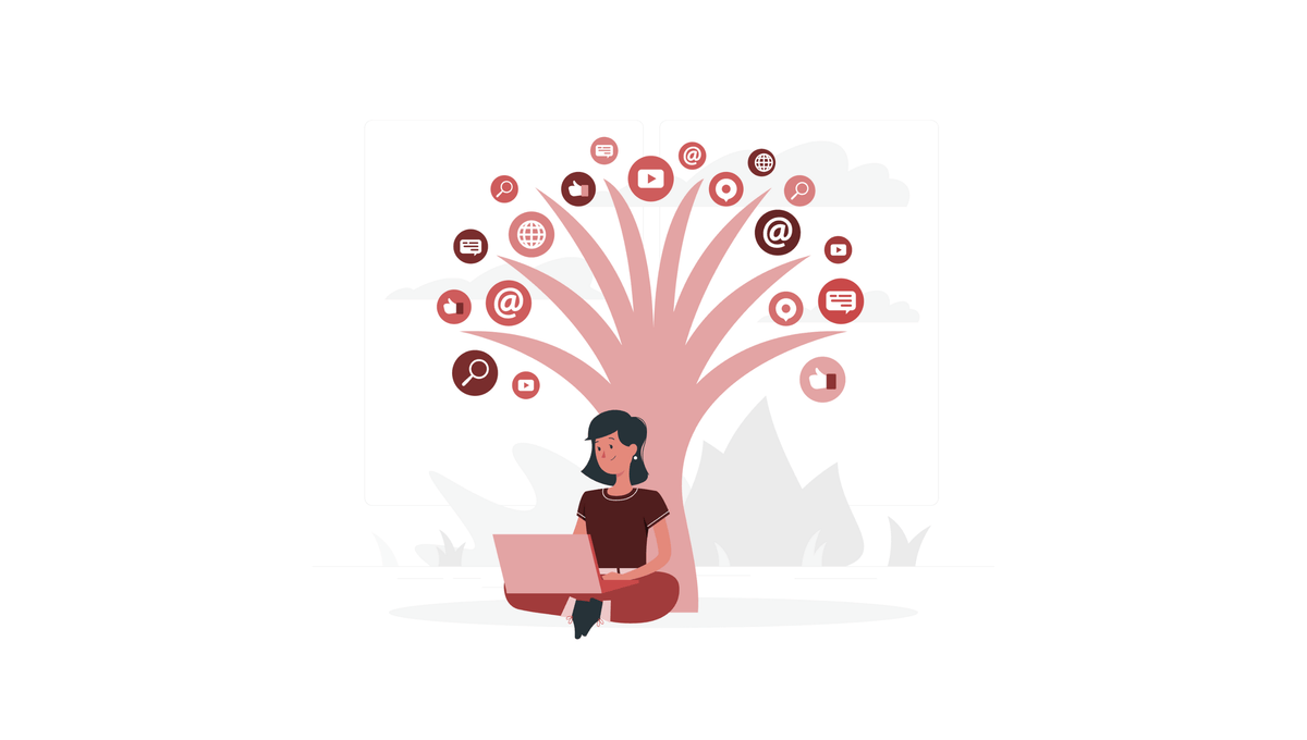 Illustration einer Frau mit Laptop unter einem Baum aus Social-Media-Symbolen, steht für Content-Ideen, Reichweite und die Entwicklung wirksamer Markenkommunikation