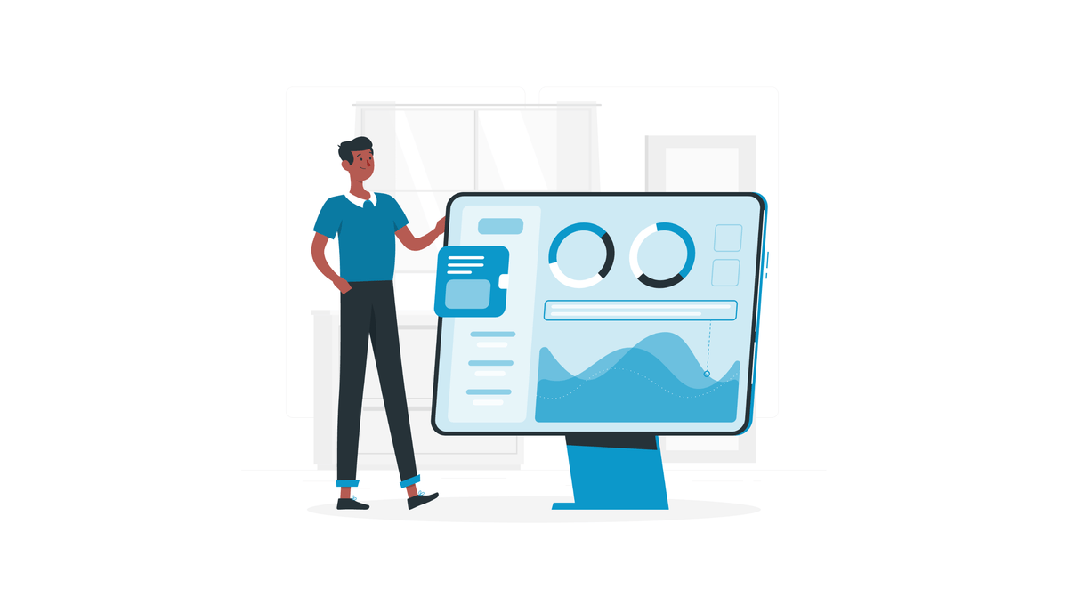 Illustration einer Person vor einem großen Dashboard mit Diagrammen – Darstellung von Datenanalyse und klaren Entscheidungen.