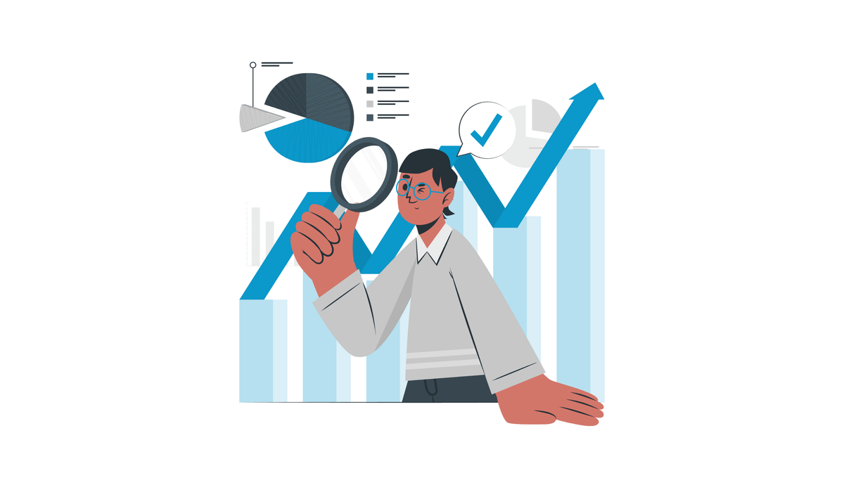Illustration einer Person mit Lupe vor steigenden Diagrammen – Symbol für Wachstum, Klarheit und strategische Weiterentwicklung.