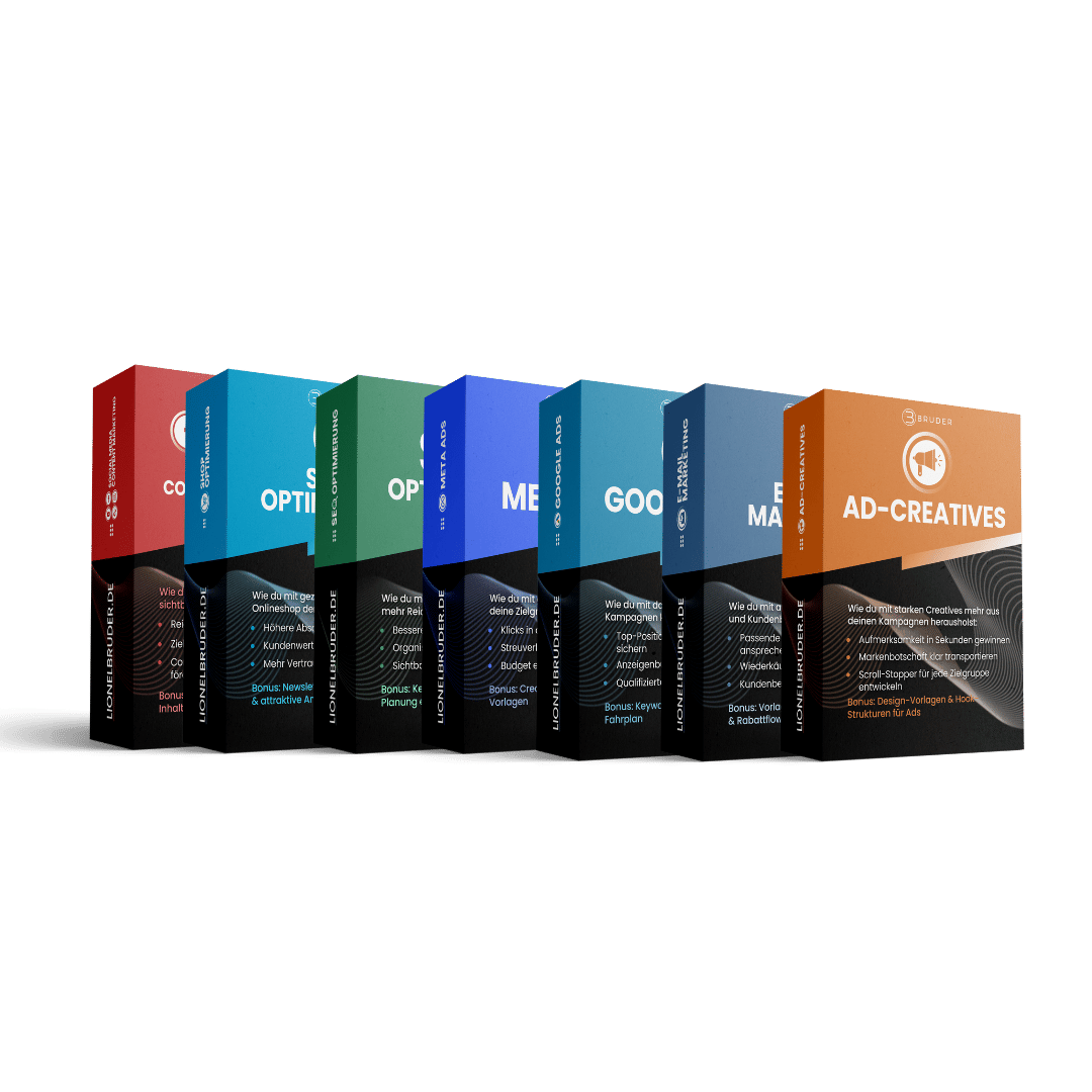 E-Commerce Komplettkurs Bundle mit allen Kursboxen in klarer, hochwertiger Darstellung