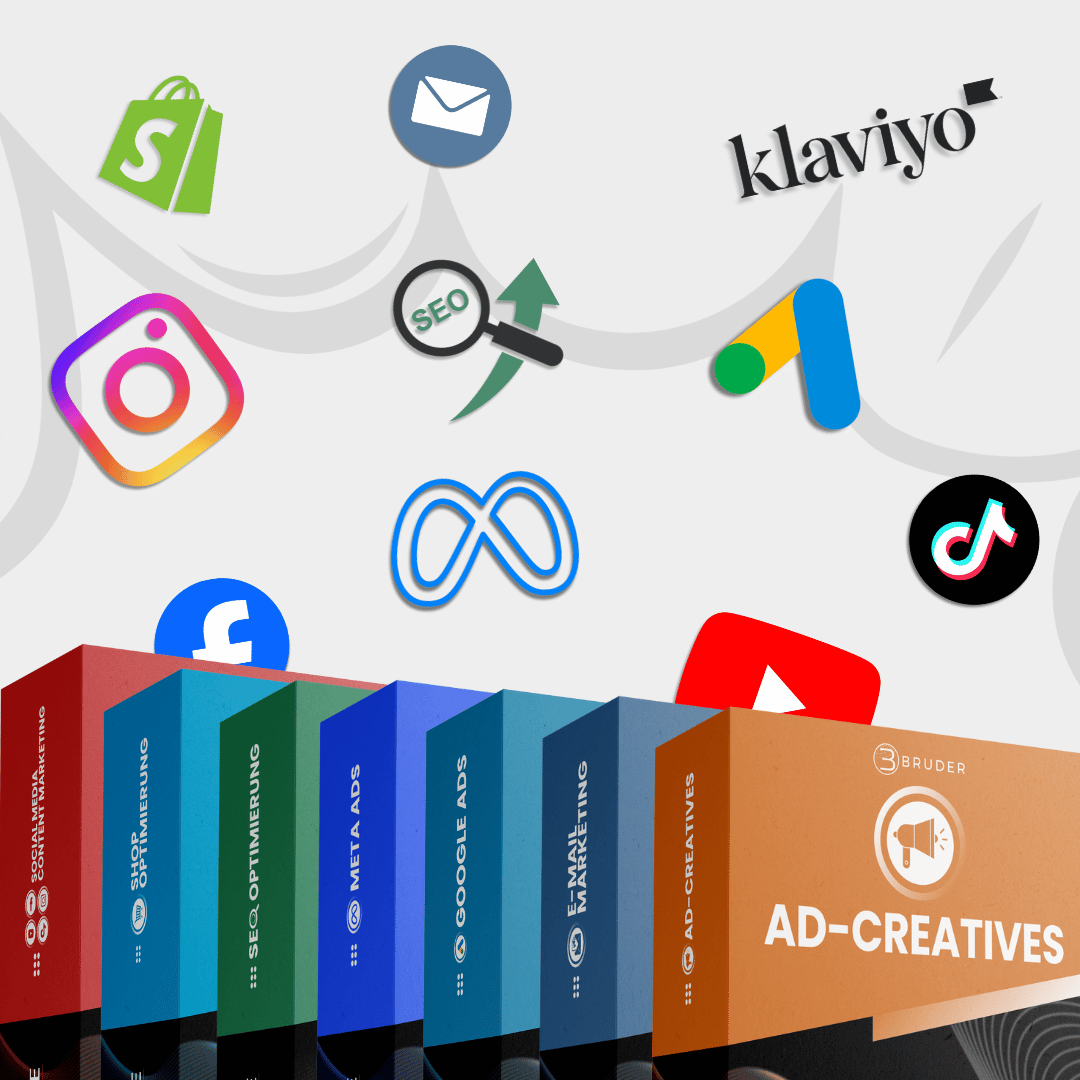 E-Commerce Komplettkurs Bundle mit Shopify, Meta, Google, Klaviyo und Social-Media Icons