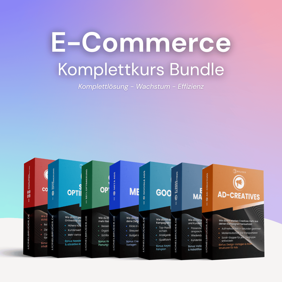 E-Commerce Komplettkurs Bundle als Hero-Bild mit Titel und aufgereihten Kursboxen