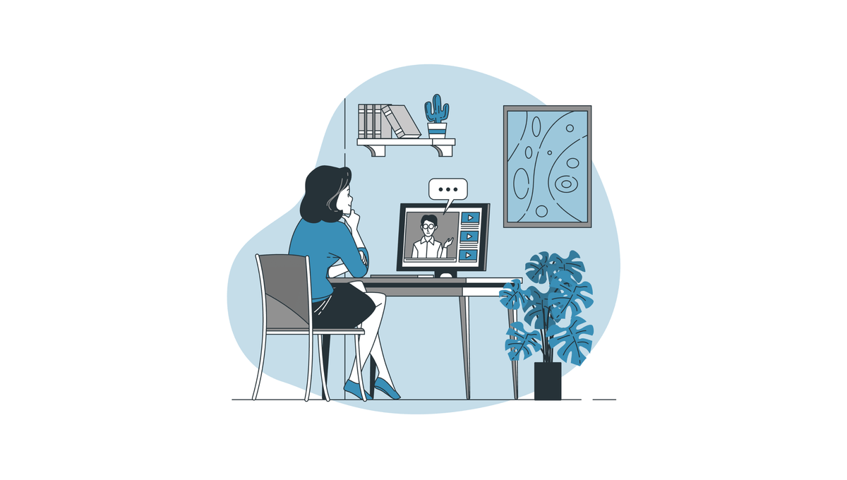 Illustration einer Frau, die in einem Videocall Marketingwissen vermittelt bekommt, stellvertretend für praxisnahe Learnings aus echten Werbebudgets.
