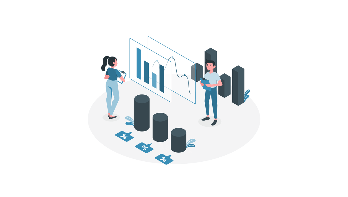 Illustration zweier Personen, die Daten und Balkendiagramme analysieren – stellvertretend für echte Google-Ads-Shopdaten und messbare Resultate.
