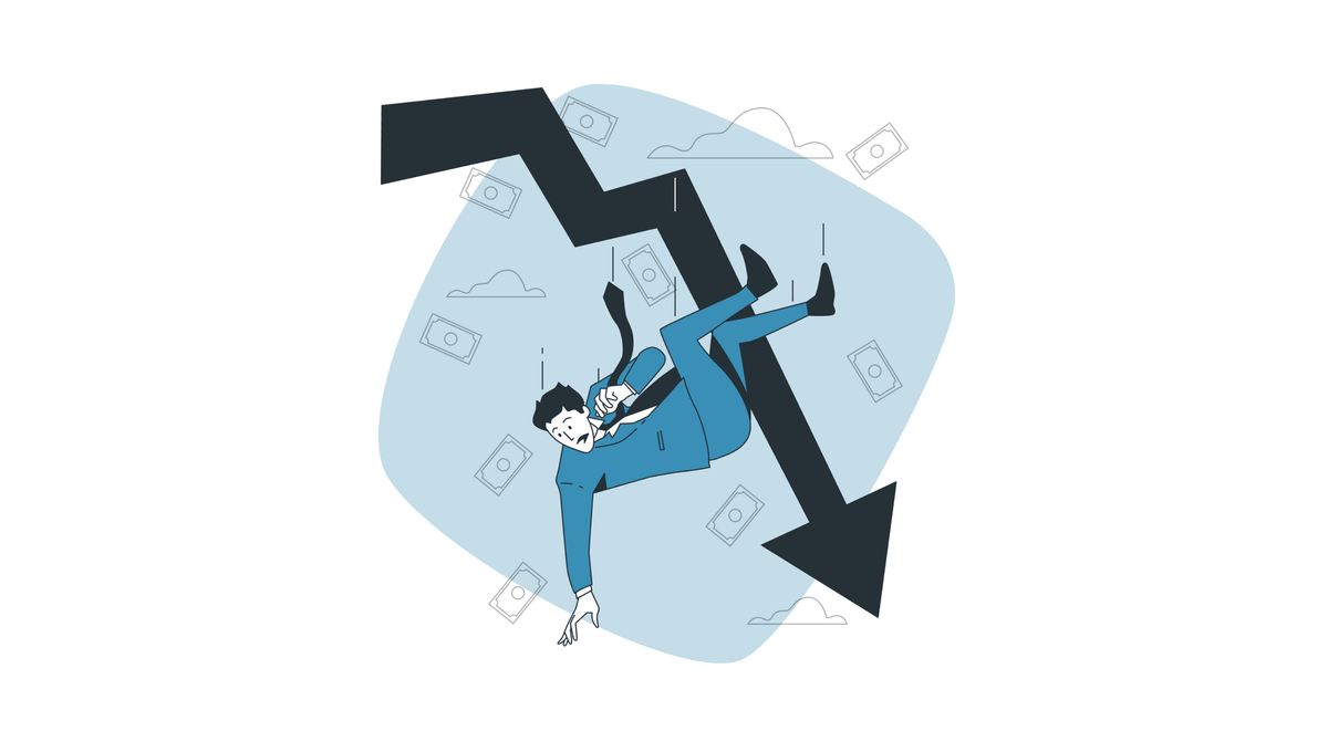 Illustration eines fallenden Mannes entlang eines nach unten zeigenden Pfeils, symbolisch für sinkende Umsätze und fehlerhafte Google-Ads-Kampagnen.