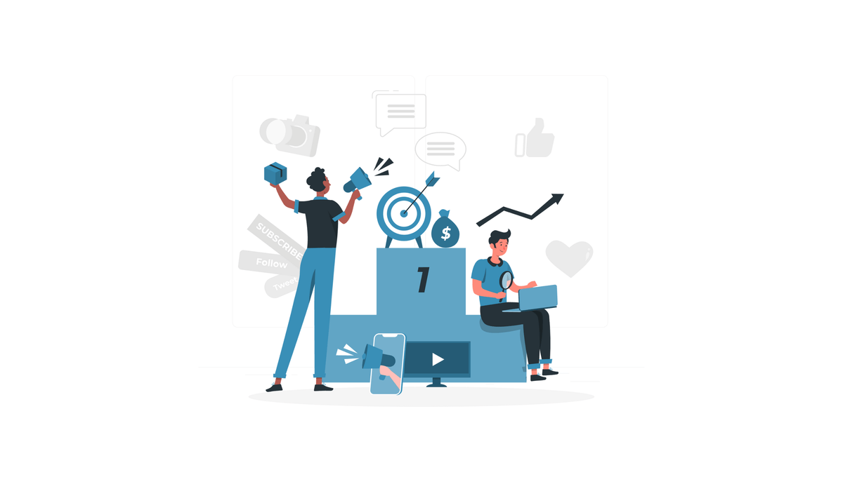 Illustration eines Teams, das Kampagnenleistung analysiert und erfolgreiche Strategien auf einer Siegertreppe darstellt.