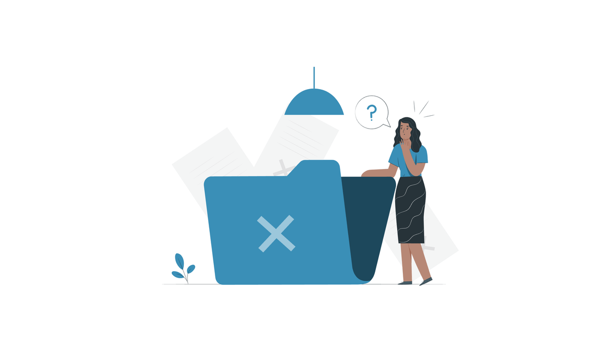Illustration einer Frau neben einem überfüllten Papierkorb, die über Probleme in Meta-Ads-Kampagnen nachdenkt.