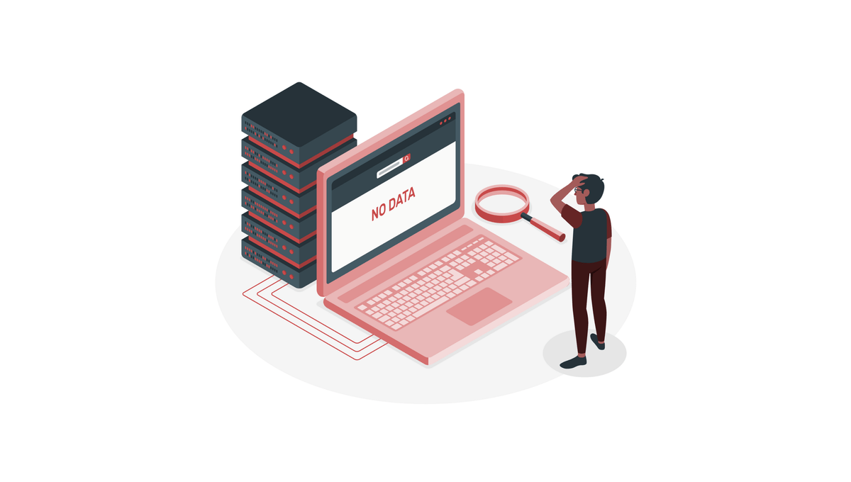 Illustration eines Laptops mit der Anzeige "No Data" und einer Person mit Lupe, symbolisiert fehlende Daten, unklare Ergebnisse und verlorenes Potenzial von Marken online