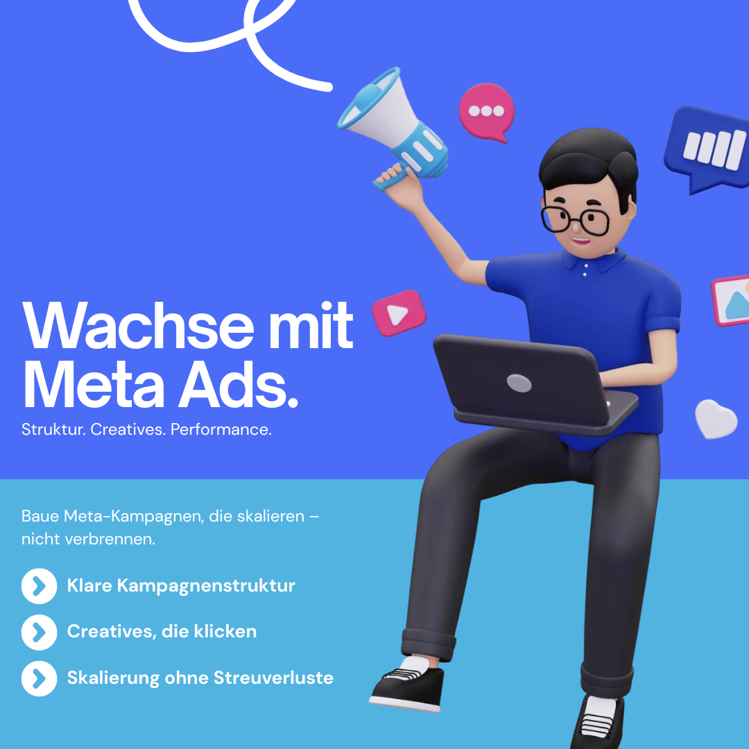 Illustration eines Marketers mit Laptop und Megafon, der erfolgreiche Meta-Ads-Kampagnen erstellt – Fokus auf Struktur, Creatives und skalierbare Performance.
