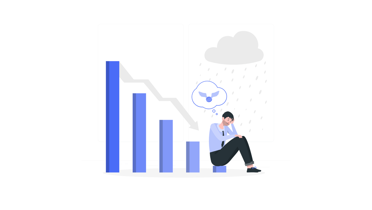 Illustration eines frustrierten Werbetreibenden vor fallenden Balkendiagrammen, symbolisiert scheiternde Meta-Ads-Kampagnen durch falsche Daten und fehlende Struktur