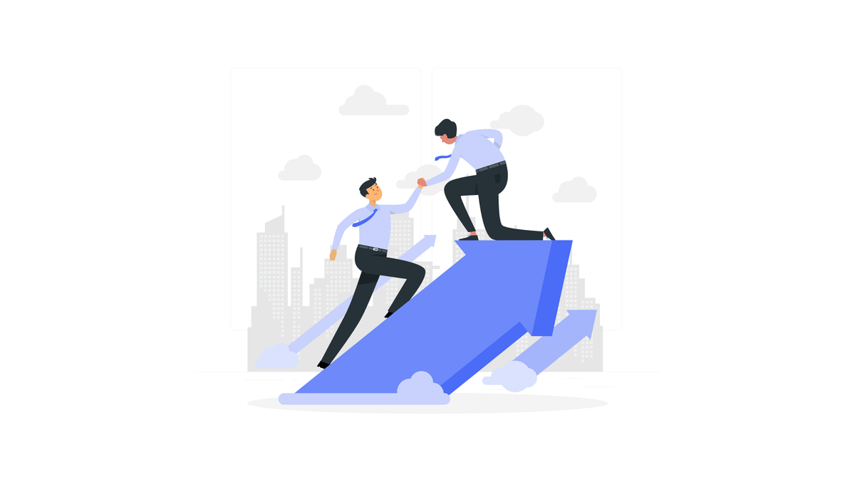 Illustration zweier Personen, die einander beim Aufstieg unterstützen, steht für erfolgreichem Kampagnenaufbau, praxisorientierte Meta-Ads-Strategien und nachhaltiges Wachstum