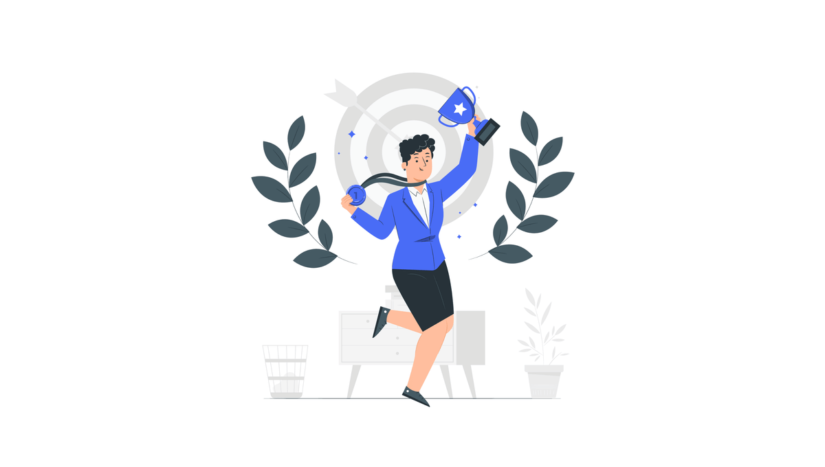 Illustration einer jubelnden Frau mit Pokal, steht für erfolgreiche Meta-Ads-Beispiele und übertragbare Wachstumsstrategien