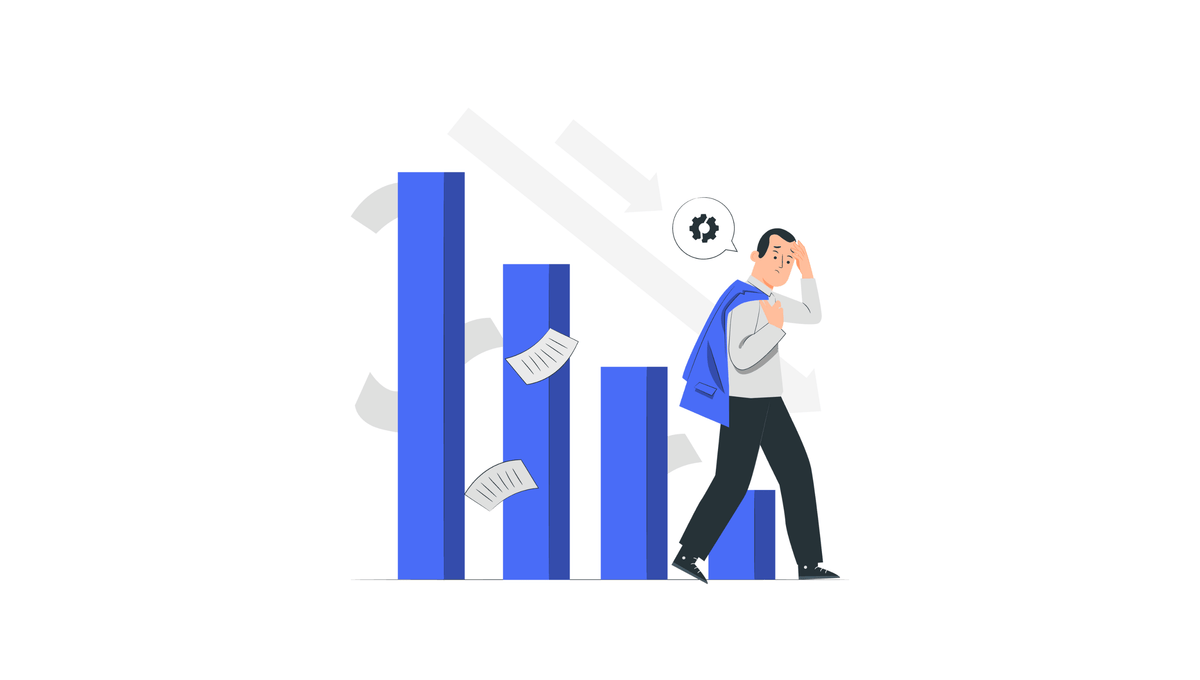 Illustration eines frustrierten Werbetreibenden vor fallenden Balkendiagrammen, symbolisiert typische Fehler und Denkfehler in Meta-Ads-Kampagnen
