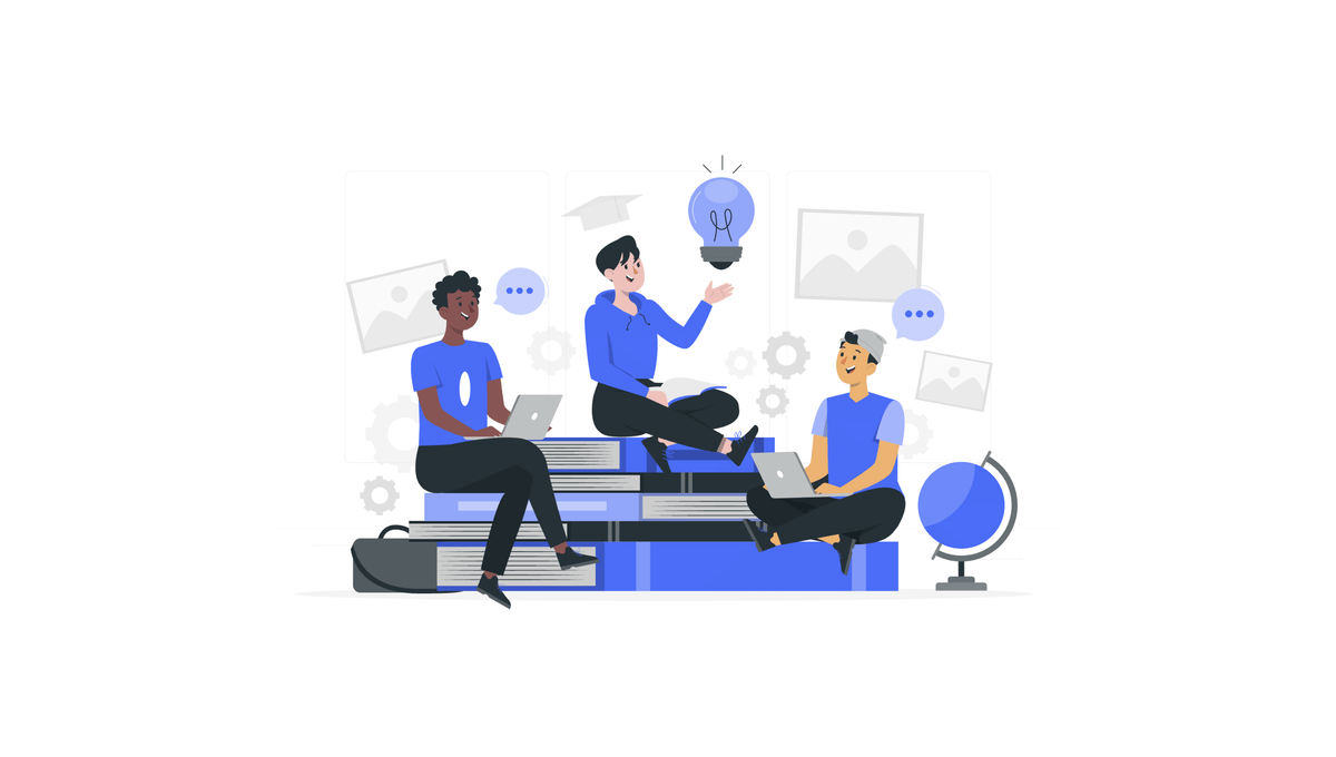 Illustration eines Teams, das gemeinsam Meta-Ads-Kampagnen plant und optimiert, dargestellt durch Laptops, Charts und Zusammenarbeit