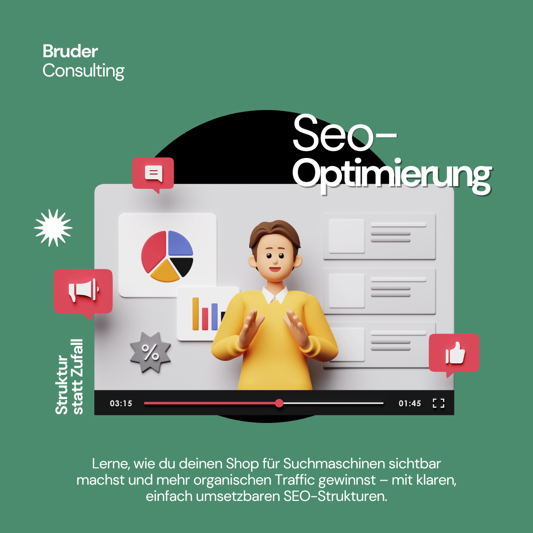 Illustration eines SEO-Erklärvideos von Bruder Consulting über klare SEO-Strukturen für mehr organischen Traffic im Onlineshop.