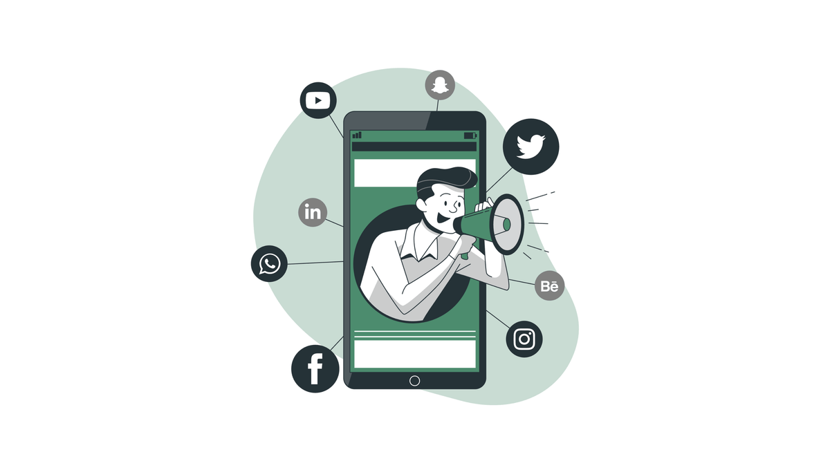 Illustration einer Person im Smartphone-Frame mit Social-Media-Icons, steht für Content-Marketing, Reichweitenaufbau, Markenkommunikation und Nutzerinteraktion im E-Commerce