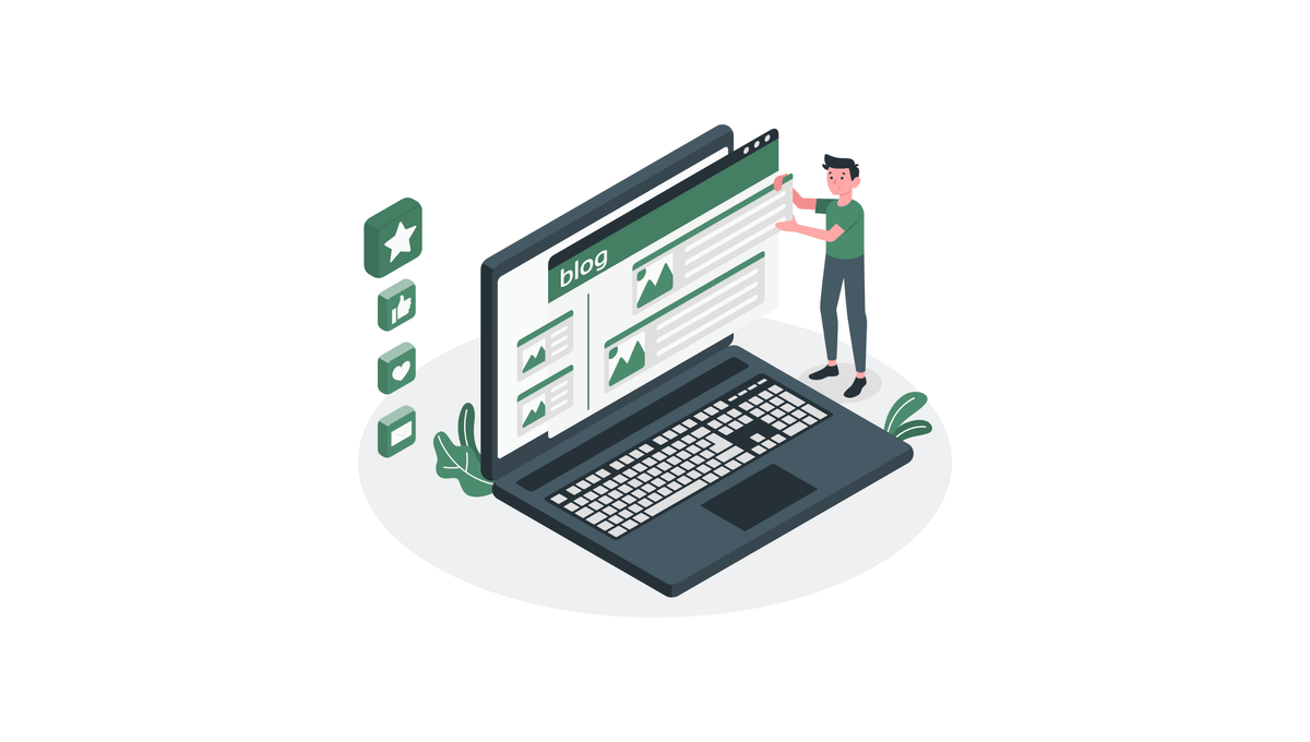 Illustration einer Person, die eine Website mit SEO-Markierungen und technischen Checks optimiert, symbolisiert Suchmaschinenoptimierung, Seitenstruktur und technische E-Commerce-Performance