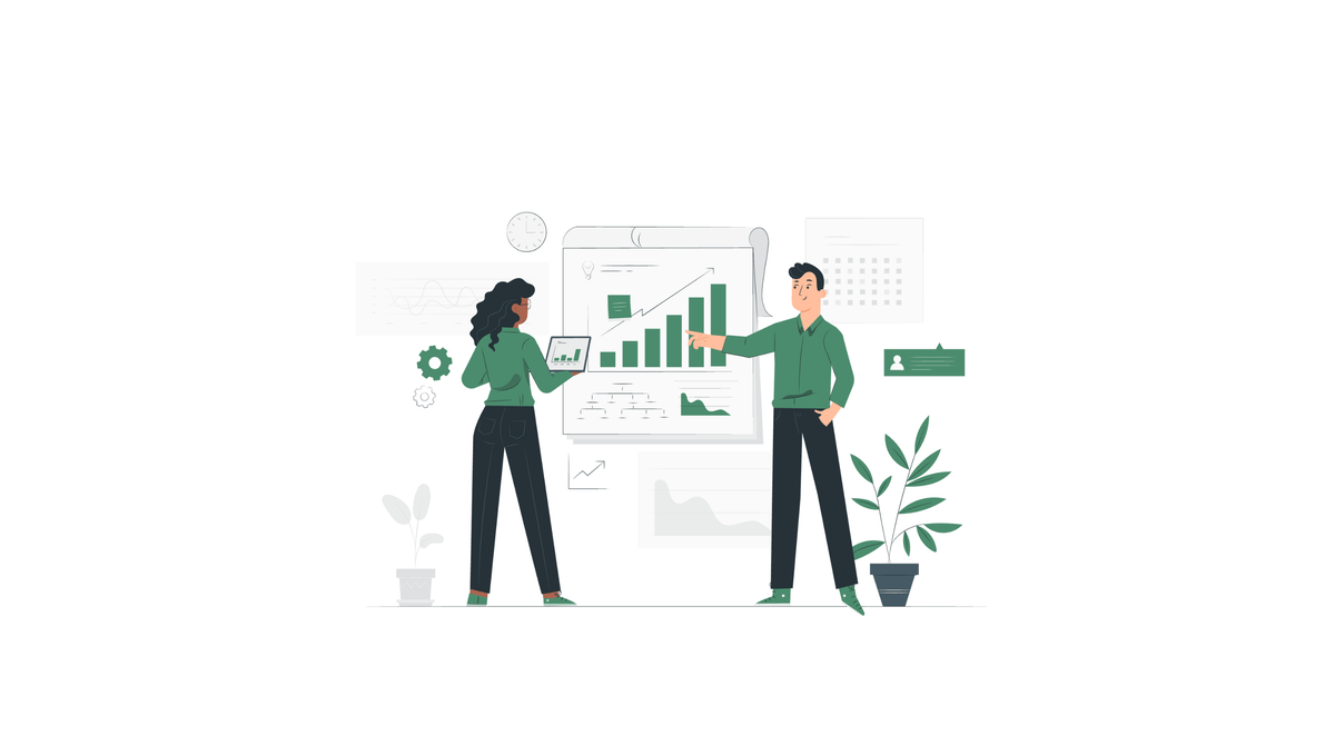 Illustration zweier Personen vor steigenden Diagrammen und Statistiken, symbolisiert langfristige Sichtbarkeit, nachhaltiges Ranking, stabile E-Commerce-Trafficentwicklung und messbares Wachstum