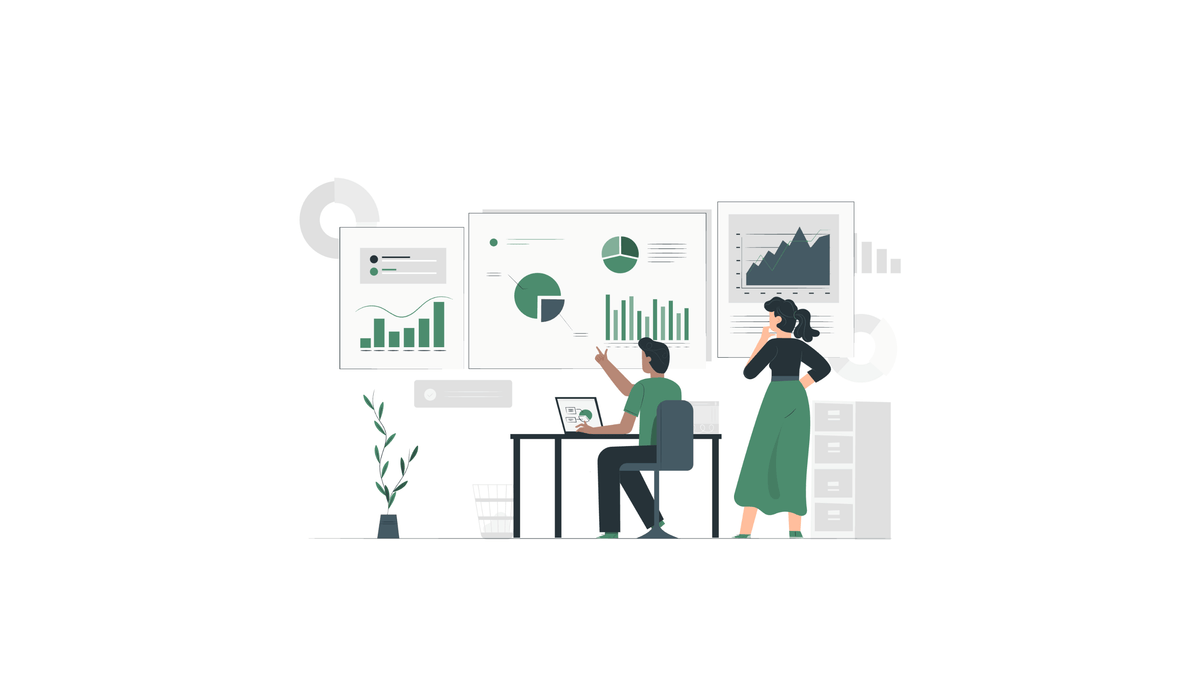 Illustration eines Teams vor Diagrammen und Analyse-Dashboards, steht für datenbasierte SEO-Strategien, Performance-Messung, langfristige Sichtbarkeit und nachhaltiges E-Commerce-Wachstum