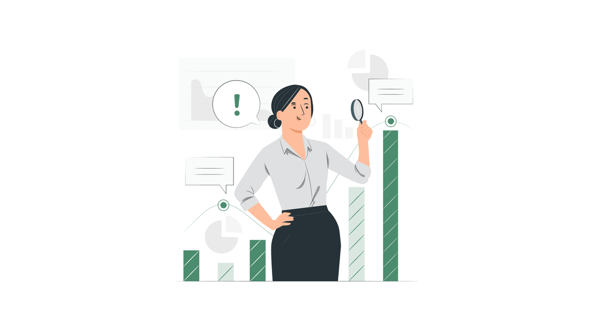 Illustration einer Frau mit Lupe zwischen Balkendiagrammen und Analyse-Icons, symbolisiert SEO-Analyse, Sichtbarkeitsprobleme erkennen und technische Optimierung für bessere Rankings