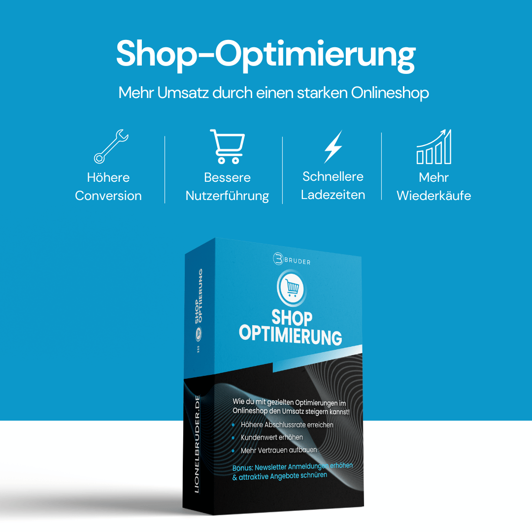 Shop-Optimierung Banner von Bruder Consulting mit Vorteilen wie höherer Conversion, schnellerer Ladezeit, besserer Nutzerführung und mehr Wiederkäufen.