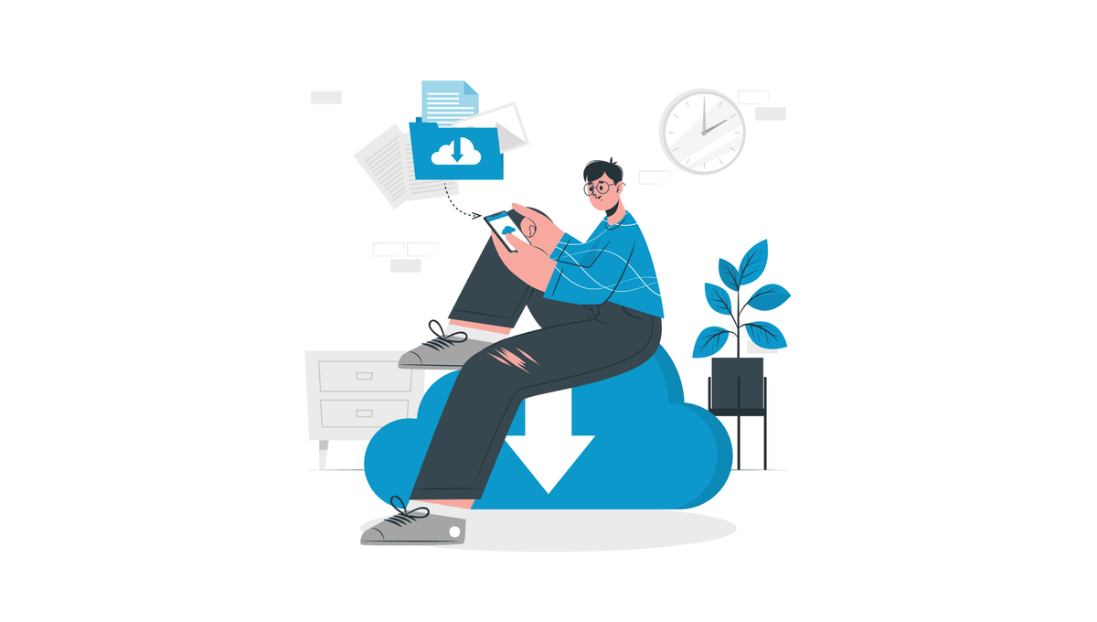 Mann sitzt auf einer Cloud mit Laptop und Dateien – symbolisiert fehlende Struktur und Wachstumsprobleme im E-Commerce.