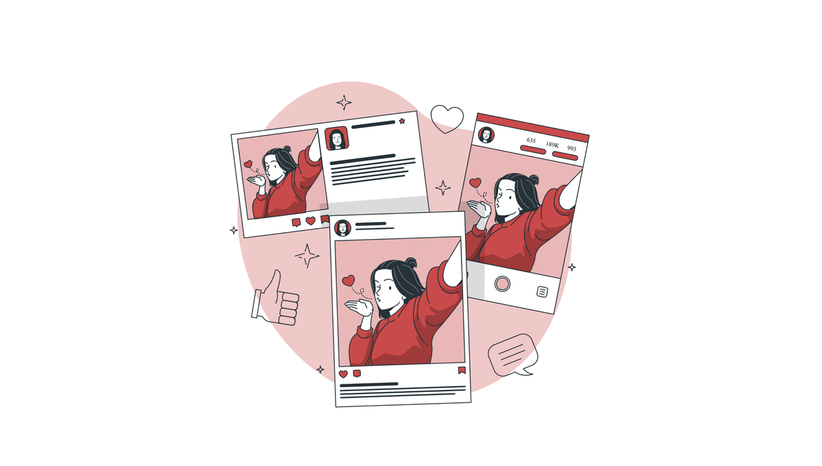 Illustration einer Frau in mehreren Social-Media-Posts, umgeben von Icons und Reaktionen, symbolisiert die Wirkung von Content und die Herausforderung, online sichtbar zu werden