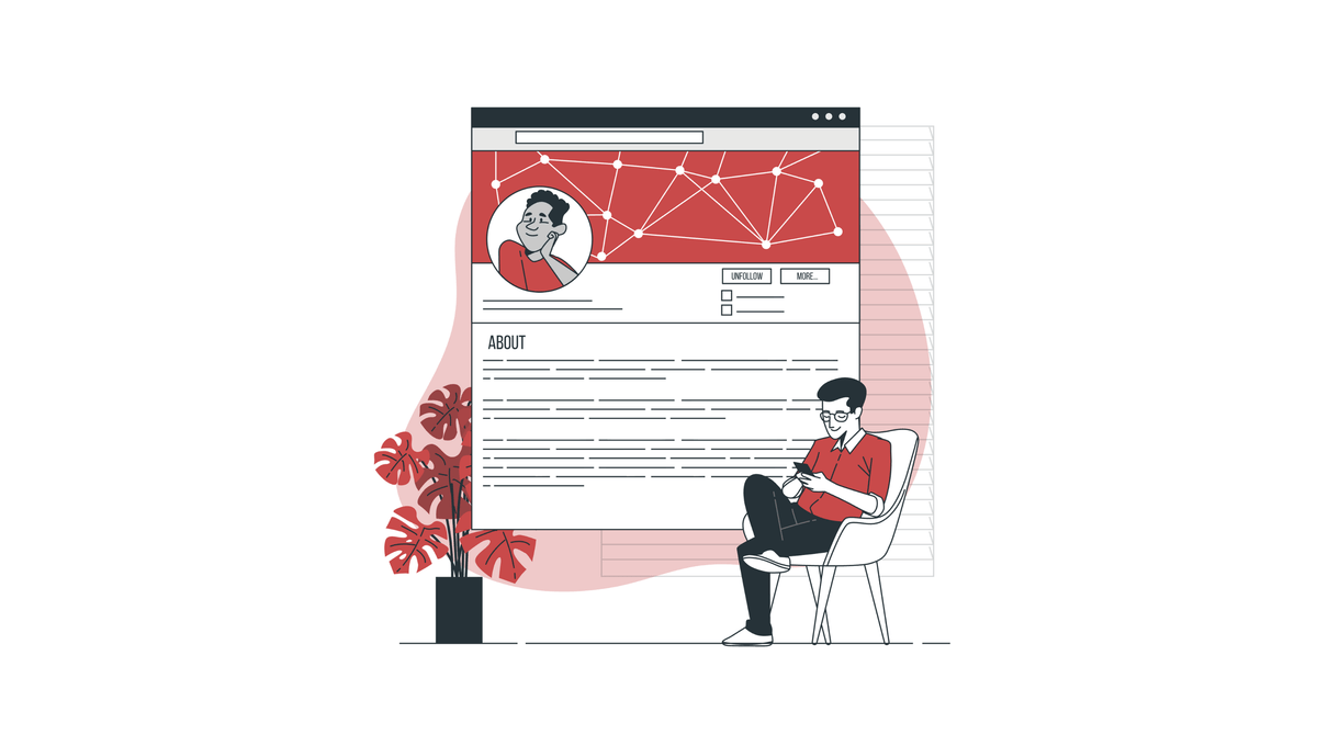 Illustration eines Social-Media-Profils mit Netzwerklinien und einer Person am Laptop, steht für strategisches Social-Media-Denken, Markenaufbau und konsistente Kommunikation