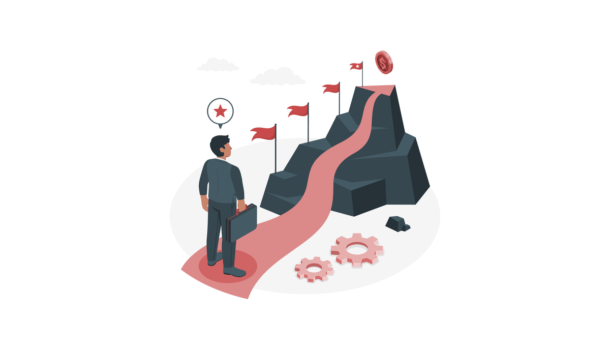 Illustration einer Person auf einem Weg zu einem Zielpunkt auf einem Berg, symbolisiert Orientierung, konsistente Umsetzung und erfolgreiche Markenentwicklung
