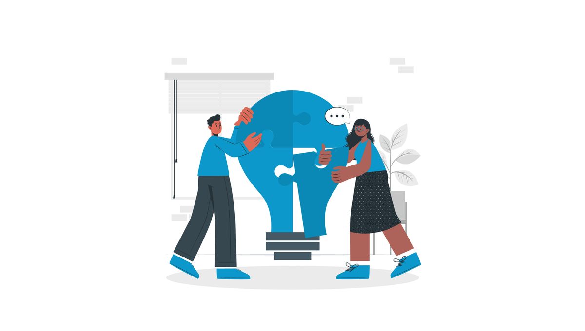 Illustration von zwei Personen, die gemeinsam ein Puzzle zu einer Idee zusammensetzen – Symbol für strukturierte Shop-Optimierung.