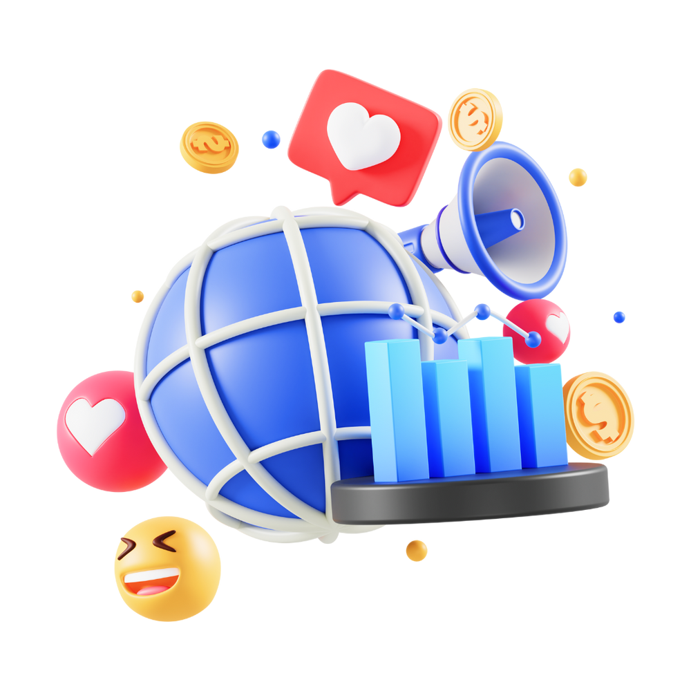 Illustration eines digitalen Globus umgeben von Likes, Emojis und Social-Icons, symbolisch für datenbasierte Google-Ads-Analyse und Performance-Marketing.